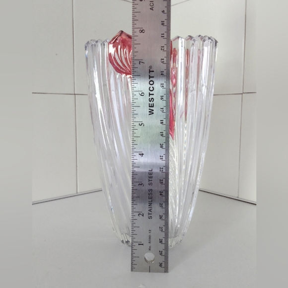 Vintage 70s Deep Cut Glass Oval Vase Dark Pink Flowers Saw Tooth Edge 8" - Picture 3 of 6